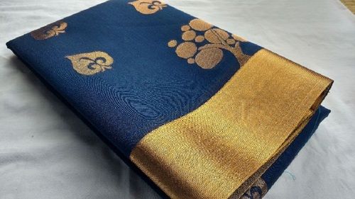 Blue And Golden Festival Wear Lightweight Printed Kotta Cotton Elampillai Saree