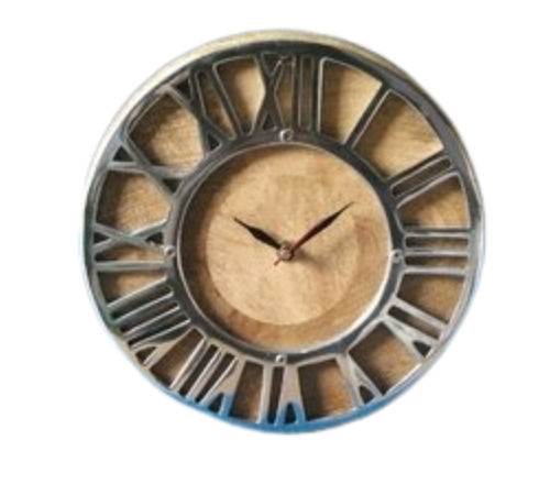 Silver Roman Analog Metal And Wooden Material Wall Quartz Clock For Home And Office