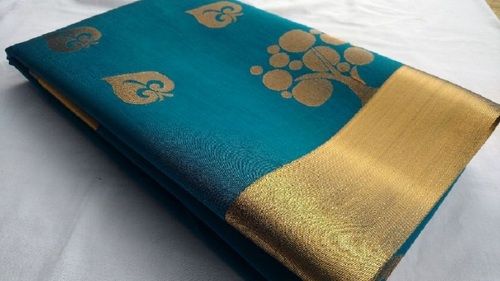 Sky Blue And Golden Festival Wear Printed Cotton Silk Traditional Elampillai Saree