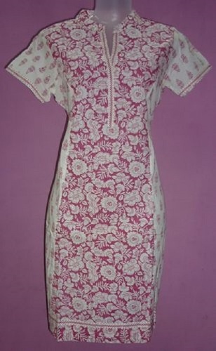 White And Pink Printed Cotton Short Sleeve V Slit Neck Casual Wear Kurtis
