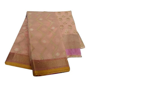 Yellow Ladies Printed Light Peach Party Wear Silk Cotton Saree