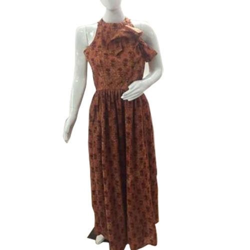 Brownish Scoop Neckline A-Line Silhouette Breathable Ladies Stylish Sleeveless Rayon Gown