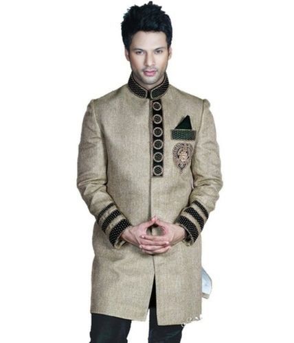 Golden Breathable Embroidered Palin Full Sleeves Button Closure Indo Western Dress For Men'S