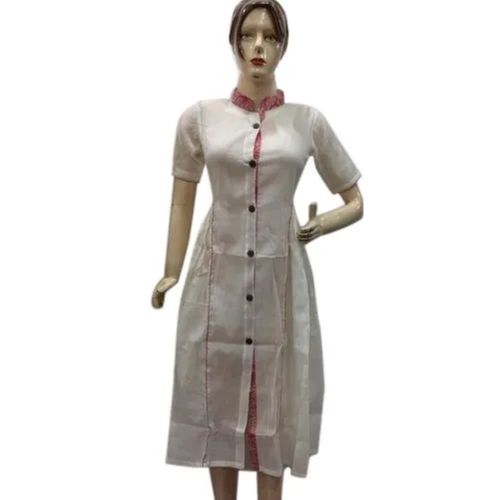 White Plain Half Sleeve Collar Button Closure Ladies Cotton Kurti 