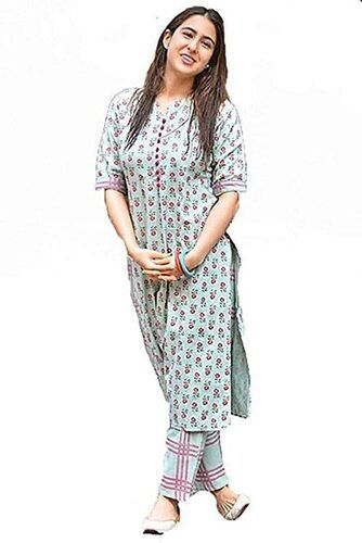 Ladies Printed Kurti - Lightweight Cotton, Straight Fit with Woven Flowers and Bobble Trim Sleeves | Comfortable and Fashionable for Everyday Wear