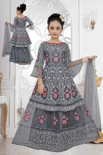 Kids Girls Designer Party Wear Embroidered Chaniya Choli With Net Lining Liquid