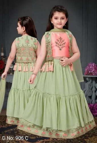 Blue Kids Girls Designer Party Wear Sleeveless Green Chaniya Choli With Dupatta