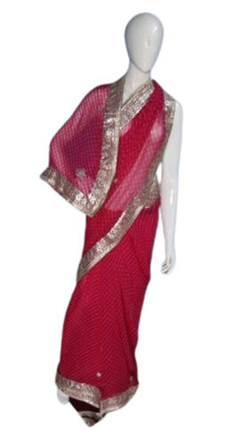 Red Printed Embroidered Pattern Small Border Fancy Cotton And Silk Saree For Ladies