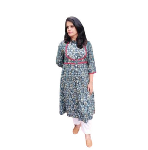 Multi Color 3/4th Sleeves Cotton Fabric Round Neck Casual Wear Ladies Aline Embroidered Kurtis