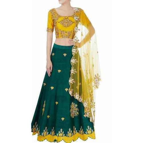 Plain Green And Yellow Short Sleeve Boat Neck Party Wear Embroidered Lehenga Choli