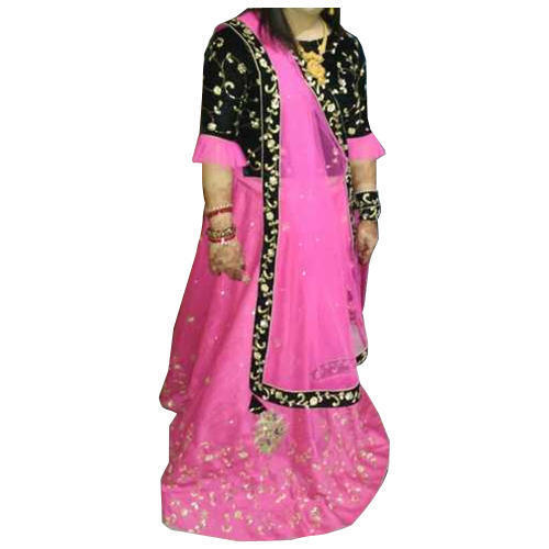 Pink And Black Short Sleeve Round Neck Party Wear Embroidered Lehenga Choli Application: Commercial/Household