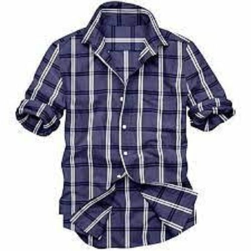 Comfortable To Use  And Good In Quality Lightweight Mens Collar Neck Casual Wear Shirt With Full Sleeve Navy Blue Cotton Checked