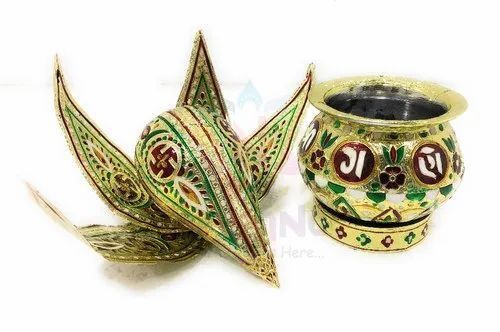 Meenakari Finish Golden & Silver Brass Kalash For Gift And Religious Purpose