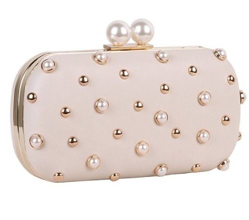Female Party White Pearl Embroidery Ladies Clutch, Size: 8*4 Inch