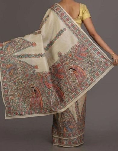 Casual Wear Lightweight Tussar Cotton Silk Heavy Border Madhubani Art Saree