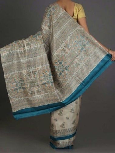 Festive Wear Tussar Cotton Silk Madhubani Art Printed Traditional Saree