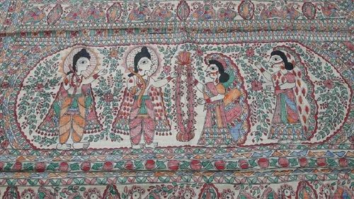 Festive Wear Tussar Cotton Silk Ram Sita Swayamvar Print Madhubani Art Saree