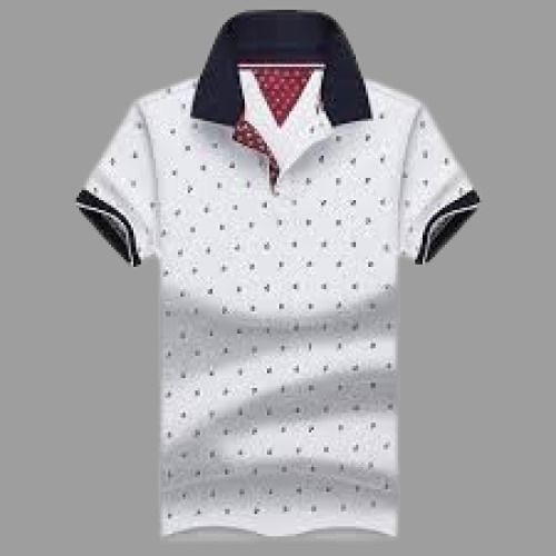 Mens White Printed Short Sleeves Casual Wear Polo Neck Cotton T-shirt