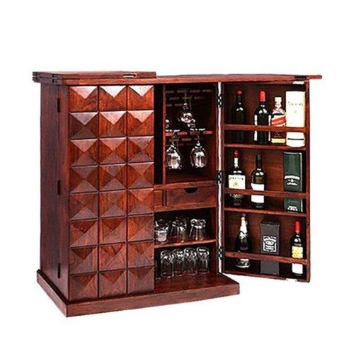 Brown Rectangular Polished Handmade Wooden Bar Cabinet