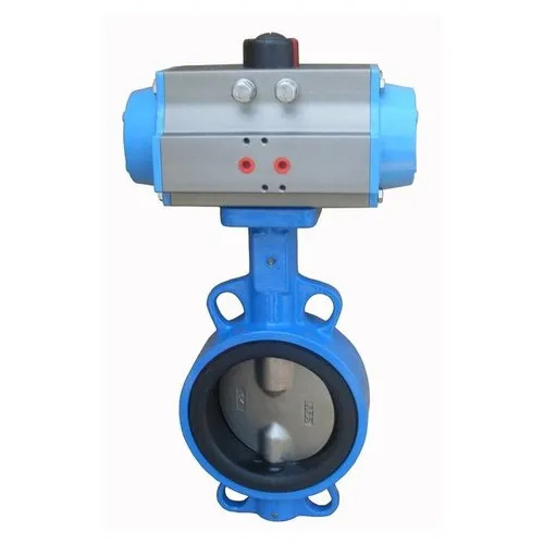 Stainless Steel Pneumatic Butterfly Valve - Color: Silver And Blue