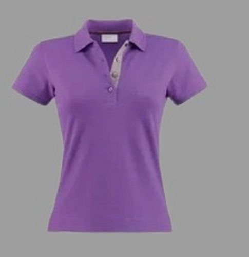 Ladies Plain Pattern Short Sleeve Polo Neck Cotton Purple T Shirts