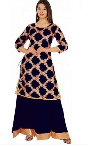 Ladies Printed Rayon 3/4th Sleeve Round Neck Casual Wear Kurtis With Skirt