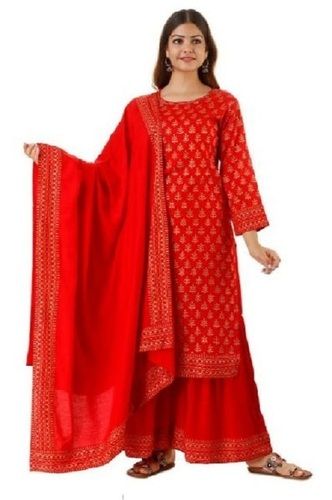 Ladies Rayon 3/4th Sleeve Round Neck Casual Wear Red Kurtis With Sharara