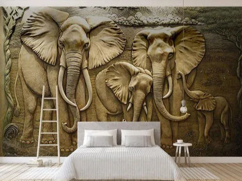 White 0.4 Mm Thickness Elephant Printed Pvc 3D Wallpaper For Home And Offices Uses