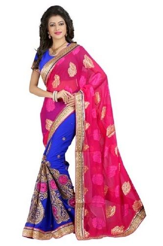 Blue And Pink Festive Wear Lightweight Printed Traditional Kajal Saree