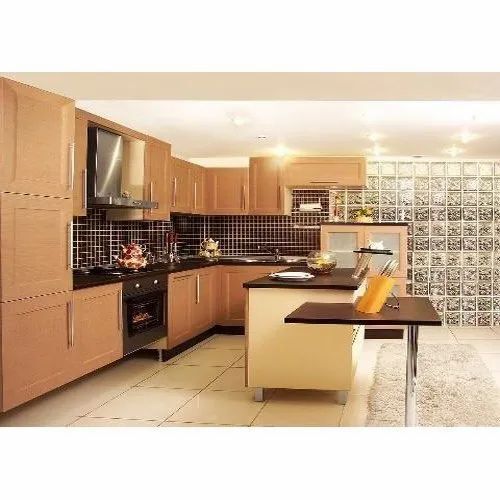 Light And Dark Brown L Shape Modular Kitchen Cabinet