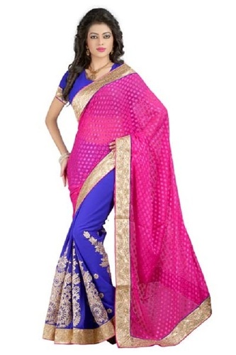 पिंक (गुलाबी) और नीले रंग के फ़ेस्टिव वियर, हल्के रंग की प्रिंटेड ट्रेडिशनल झंकार साड़ी