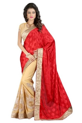 रेड एंड बेज फेस्टिव वियर लाइटवेट प्रिंटेड ट्रेडिशनल झंकार साड़ी