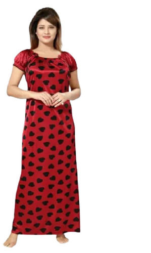 Red Printed Short Sleeves Modern Fancy Satin Nighty For Women