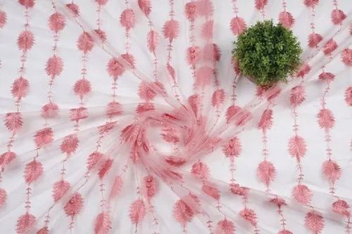 White And Pink Casual Wear Lightweight Embroidered Polyester Net Fabric