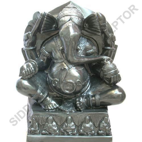 Brown And Green Brown Handmade Black Marble Ganesh Statue For Worship With Waterproof