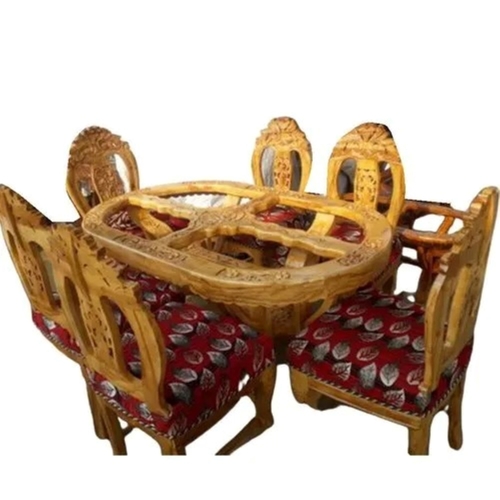 नॉन फोल्डेबल टीक वुड राउंड सिक्स सीटर डाइनिंग टेबल और चेयर सेट