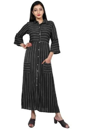 3 By 4th Sleeve Striped Designer Comfortable To Wear Black Georgette Kurti