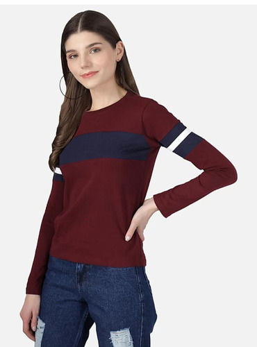 Silver Women O Neck Color Block Solid Striped Full Sleeves Cotton T-Shirts