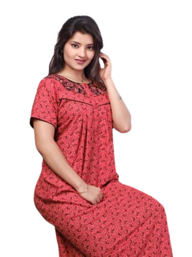 Pink Short Sleeve Round Neck Breathable Printed Cotton Night Gown For Ladies 