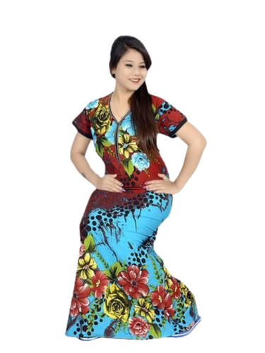 Multi Color V-Neck Short Sleeve Breathable Soft Printed Hosiery Night Gown For Ladies