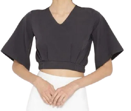 Low Energy Consumption 3/4Th Sleeves Plain V Neck Casual Wear Cotton Crop Top For Ladies