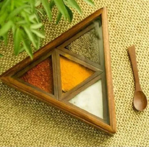 High Quality 4 Partition Triangular Shape Wooden Masala Storage Box With Spoon For Kitchen