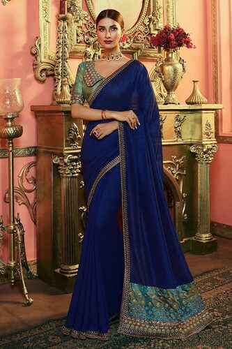 Buy Navy Blue Silk Saree With Net Blouse Online - SARV02718 | Andaaz Fashion