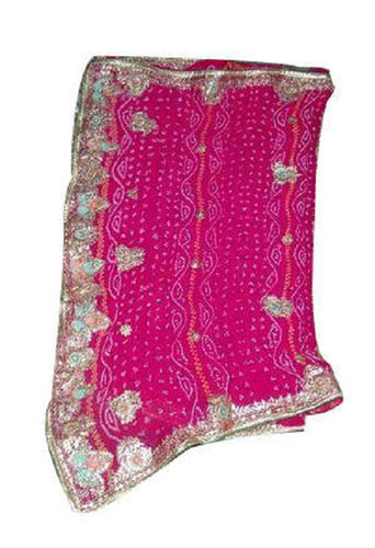 Ladies Designer Pink Printed Hand Embroidery Chiffon Bandhani Saree For Party Wear