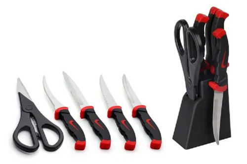 Sharped Stainless Steel Kitchen Knife Set With Plastic Stand (Red/Black)