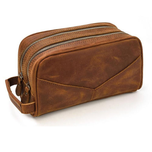 Tan Brown Unisex Spacious Leather Toiletry Bag With Extra Pocket For Travel