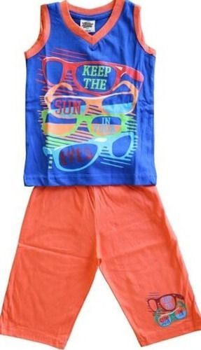 Blue And Orange Casual Wear V-Neck Sleeveless Printed Cotton T-Shirt With Shorts For Kids 