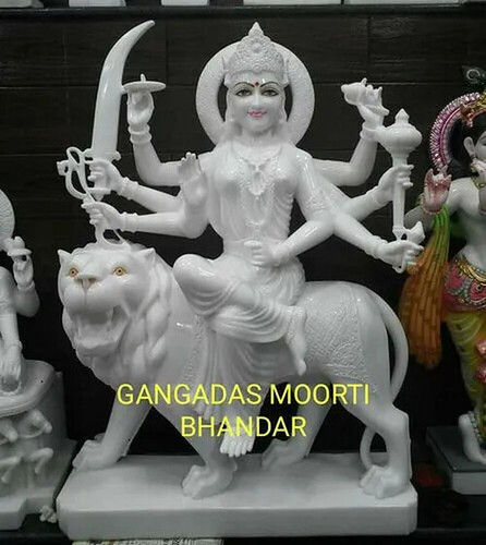 Hindu Religious Marble Durga Statue For Worship With Sitting On Lion Position