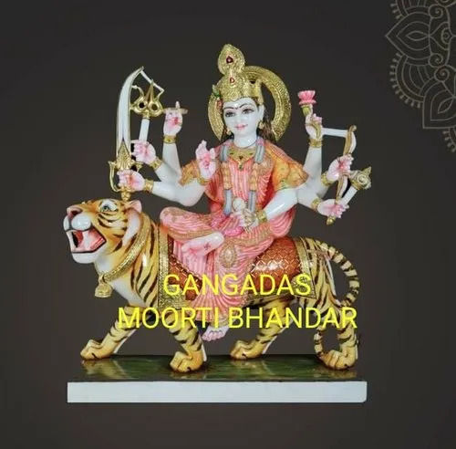 Marble Durga Statue For Temple With Colored Finish And Sitting On Lion Position