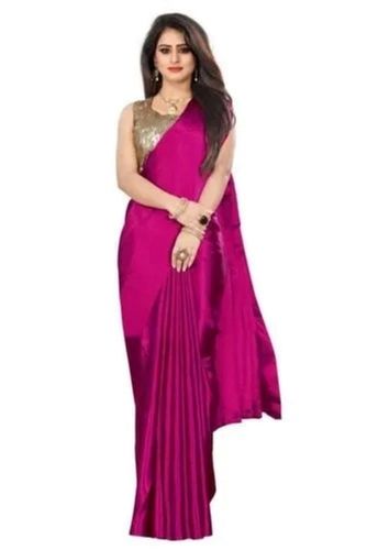 Pink Soft Lustrous Other Indian Style Beautifully Draped Satin Party Wear Plain Saree